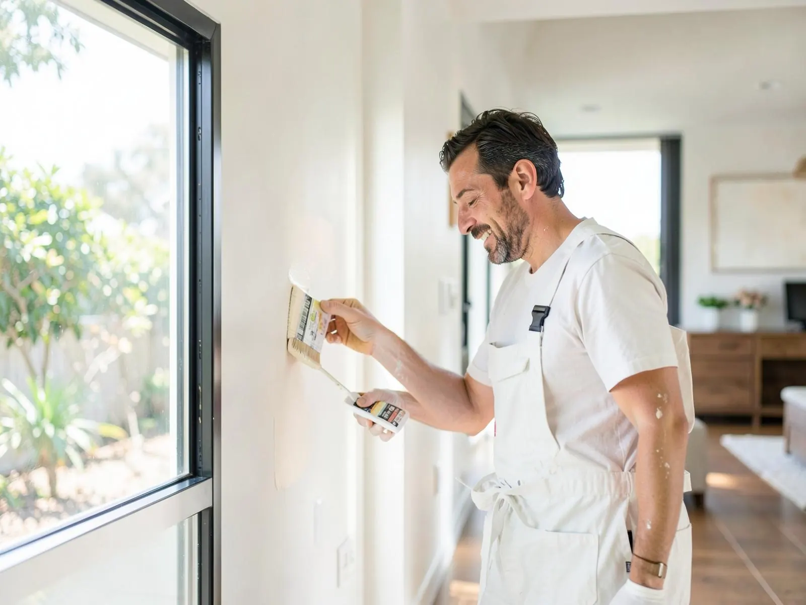 Painter in white overalls brushing a fresh coat of paint onto a hallway wall beside a large window